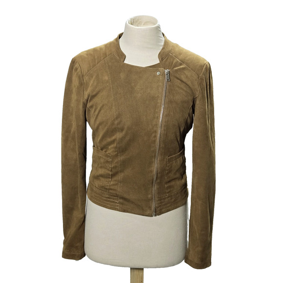 Vero Moda Jacket Suede Biker Size Small Womens Brown Full‎ Zip Cropped Lined - Picture 1 of 12
